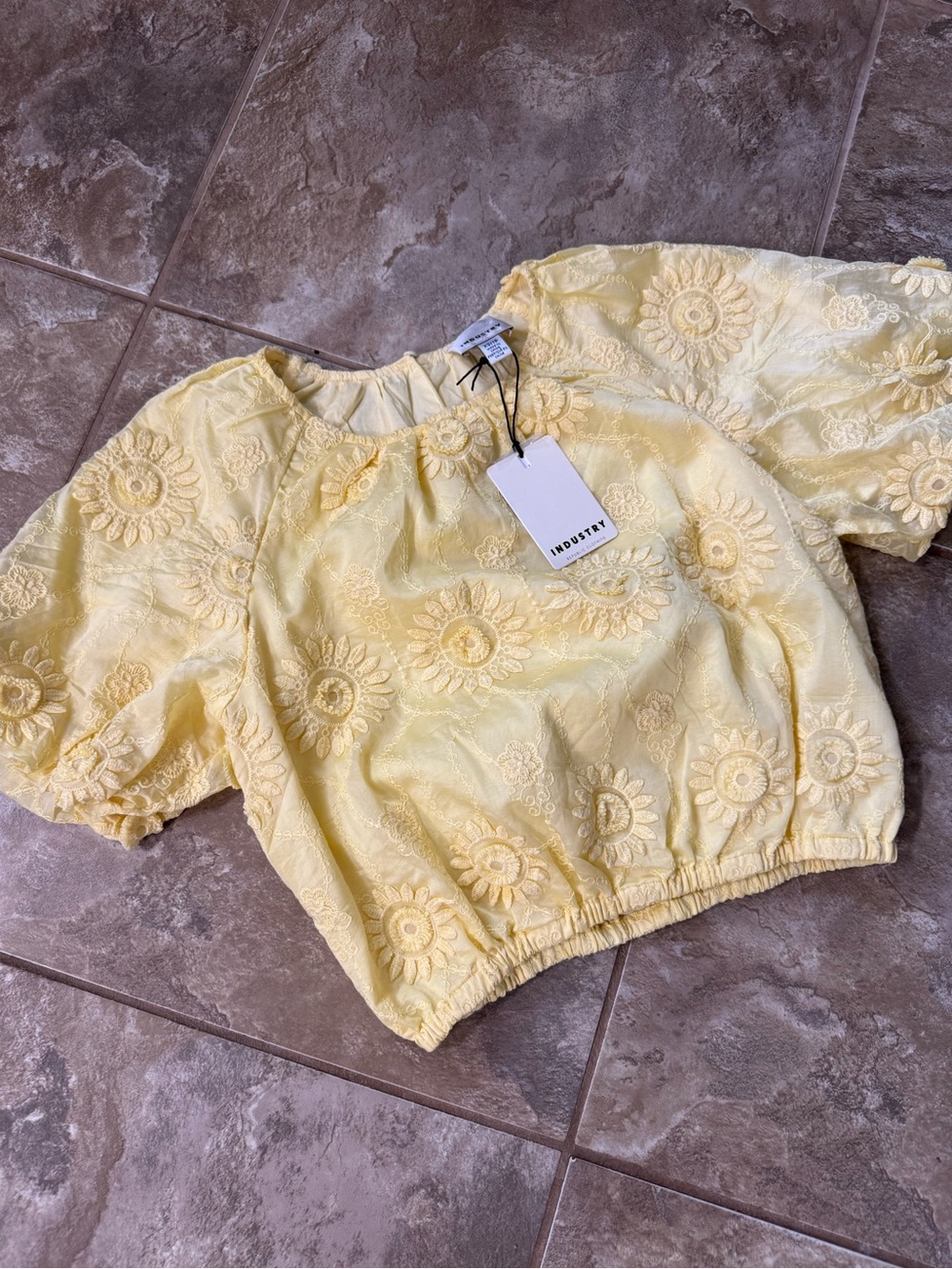 Floral Embroidered Yellow Puff-Sleeve Top